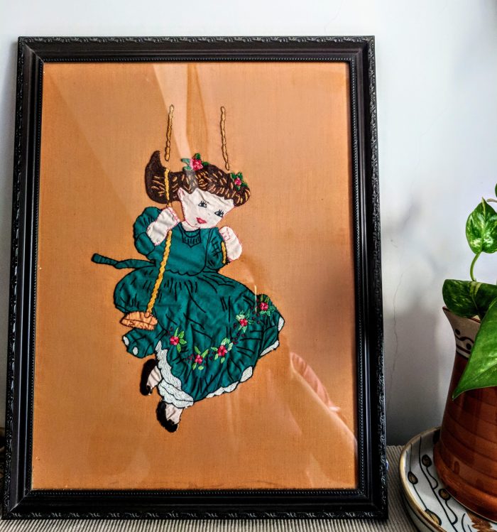 Stories from my home, Made by Amma, Patchwork, Needlework, Embroidery, Girl on the Swing, Framed Art